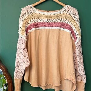 Free People Brown Sugar Combo High Hopes Lace Sleeve XS Crochet Top